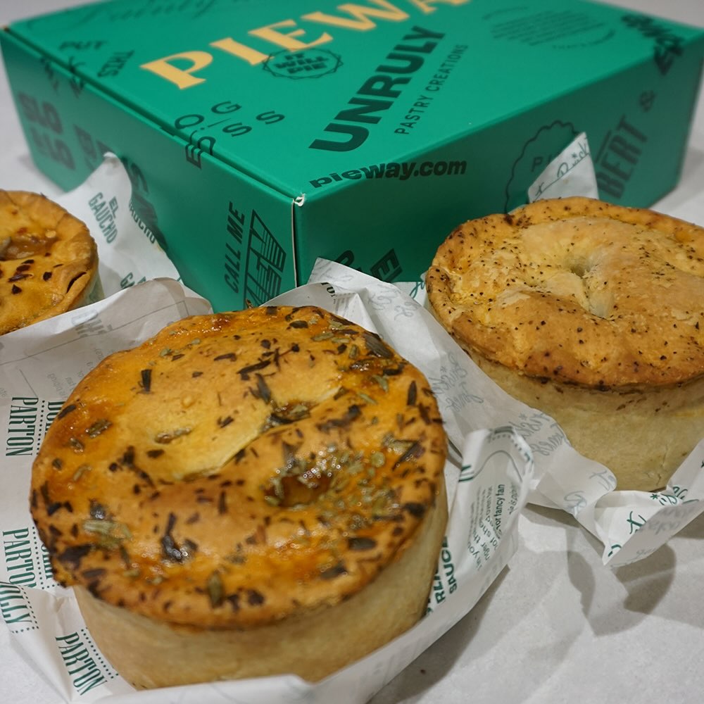 3 pies showcased next to PIEWAY 4 pack box