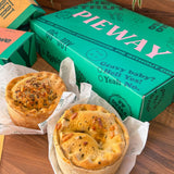 2 pies showcased next to PIEWAY 6 pack box